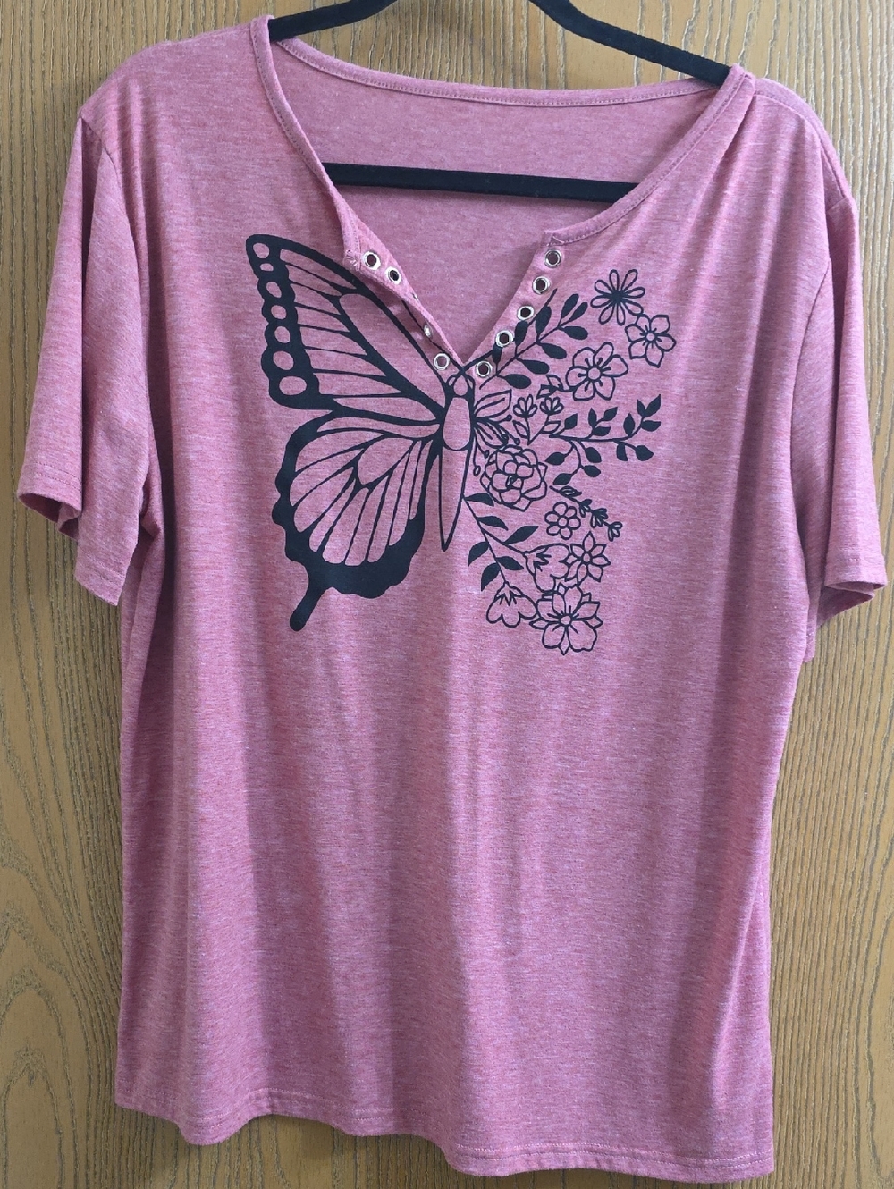 Women’s Pink Butterfly Floral V‑Neck Top